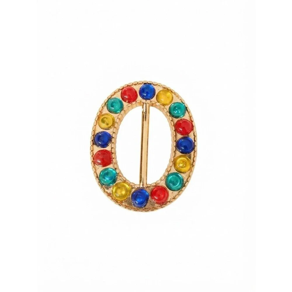 VTG 80s, 90s Plastic Gold Tone Oval Belt Buckle with Multi-Color Faux Gemstones